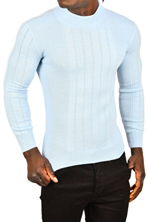 DeepSEA Erkek Bebe Mavisi Yarım Balıkçı Yaka Çizgili Tüylenmeyen Slim Fit Triko Kazak 2505491