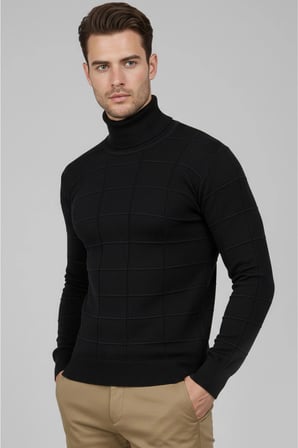 DeepSEA Erkek Siyah Kare Desenli Balıkçı Yaka Slim Fit Boğazlı Triko Kazak 2505493