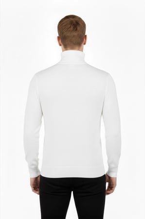 DeepSEA Erkek Beyaz Tam Balıkçı Yaka Yanları Desenli Slim Fit Boğazlı Triko Kazak 2505495