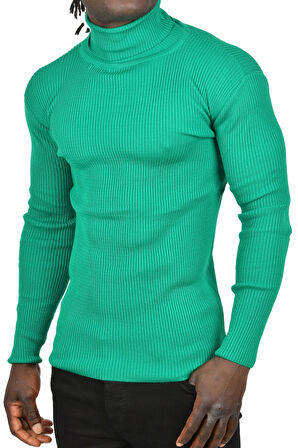 DeepSEA Erkek Yeşil İnce Fitilli Tam Boğazlı Balıkçı Yaka Tüylenmeyen Triko Kazak 2505498