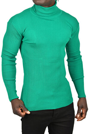 DeepSEA Erkek Yeşil İnce Fitilli Tam Boğazlı Balıkçı Yaka Tüylenmeyen Triko Kazak 2505498