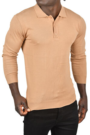 DeepSEA Erkek Camel Slim Fit Polo Yaka İnce Triko Kazak 2505500