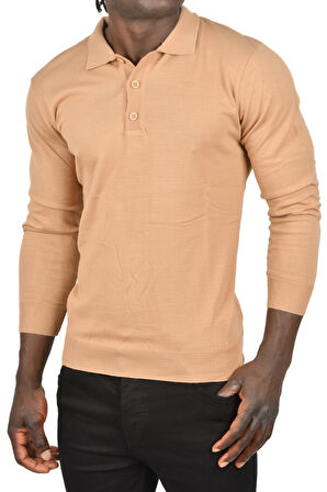 DeepSEA Erkek Camel Slim Fit Polo Yaka İnce Triko Kazak 2505500