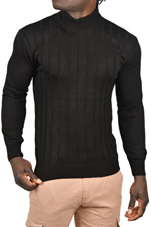 DeepSEA Erkek Siyah Çizgi Desenli Tüylenme Yapmayan Yarım Balıkçı Yaka Triko Kazak 2505501