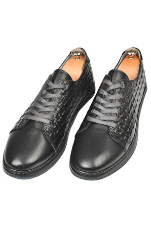 DeepSEA Erkek Siyah Yanları Kabartma Desenli Ortopedik Taban Hakiki Deri Casual Ayakkabı Sneaker 2509968