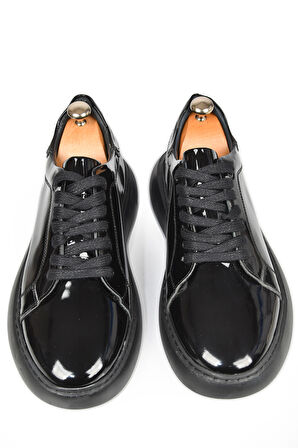 DeepSEA Erkek Siyah Bağcıklı Yüksek Taban Parlak Ortopedik Casual Deri Ayakkabı Sneaker 2509973