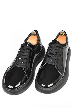 DeepSEA Erkek Siyah Bağcıklı Yüksek Taban Parlak Ortopedik Casual Deri Ayakkabı Sneaker 2509973