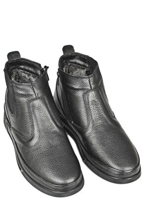 DeepSEA Erkek Siyah Yanı Fermuarlı Ve Lastikli İçi Kürklü Hakiki Deri Ortopedik Kaymaz Taban Yarım Bot 2509988