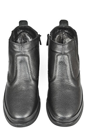 DeepSEA Erkek Siyah Yanı Fermuarlı Ve Lastikli İçi Kürklü Hakiki Deri Ortopedik Kaymaz Taban Yarım Bot 2509988