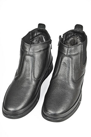 DeepSEA Erkek Siyah Yanı Fermuarlı Ve Lastikli İçi Kürklü Hakiki Deri Ortopedik Kaymaz Taban Yarım Bot 2509988