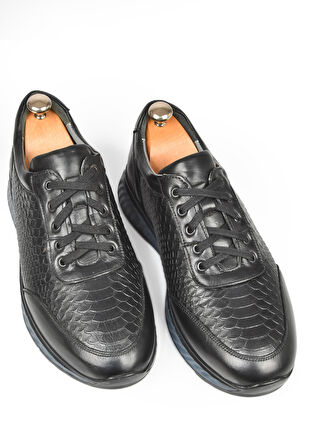 DeepSEA Erkek Siyah Desenli Hakiki Deri Ortopedik Yüksek Taban Bağcıklı Spor Ayakkabı Loafer 2509995