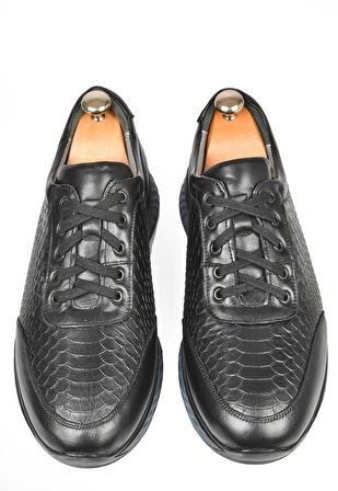DeepSEA Erkek Siyah Desenli Hakiki Deri Ortopedik Yüksek Taban Bağcıklı Spor Ayakkabı Loafer 2509995