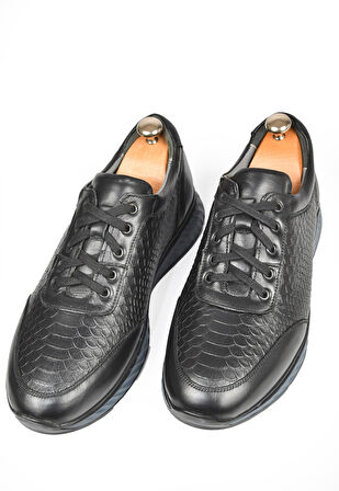 DeepSEA Erkek Siyah Desenli Hakiki Deri Ortopedik Yüksek Taban Bağcıklı Spor Ayakkabı Loafer 2509995