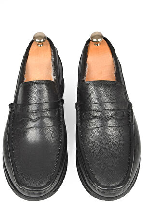 DeepSEA Erkek Siyah İçi Kürklü Ortopedik Taban Hakiki Deri Ayakkabı Loafer 2501008