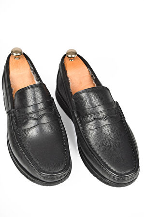 DeepSEA Erkek Siyah İçi Kürklü Ortopedik Taban Hakiki Deri Ayakkabı Loafer 2501008