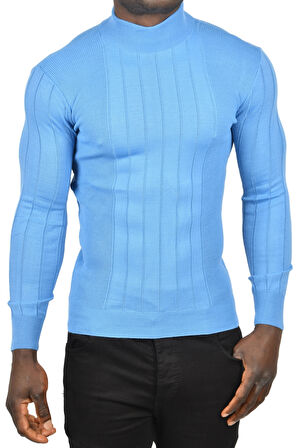 DeepSEA Erkek Mavi Yarım Balıkçı Yaka Çizgili Tüylenmeyen Slim Fit Triko Kazak 2505491