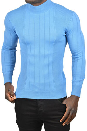 DeepSEA Erkek Mavi Yarım Balıkçı Yaka Çizgili Tüylenmeyen Slim Fit Triko Kazak 2505491