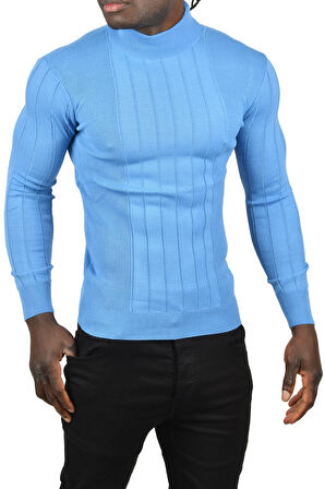 DeepSEA Erkek Mavi Yarım Balıkçı Yaka Çizgili Tüylenmeyen Slim Fit Triko Kazak 2505491