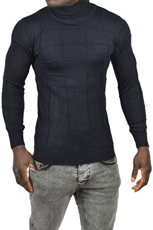DeepSEA Erkek Lacivert Kare Desenli Balıkçı Yaka Slim Fit Boğazlı Triko Kazak 2505493