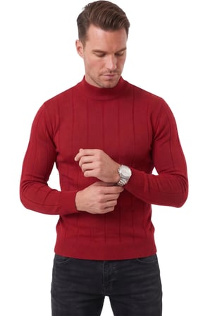 DeepSEA Erkek Bordo Slim Fit Likralı Tüylenme Yapmayan Yarım Balıkçı Çizgili Triko Yarım Boğazlı Kazak 2505503