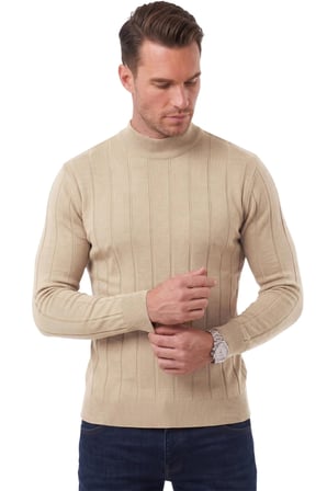 DeepSEA Erkek Bej Slim Fit Likralı Tüylenme Yapmayan Yarım Balıkçı Çizgili Triko Yarım Boğazlı Kazak 2505503