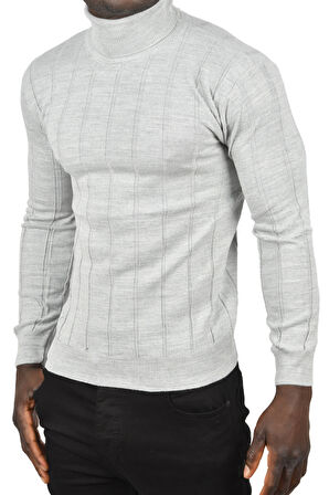 DeepSEA Erkek Gri Slim Fit Likralı Tam Balıkçı Yaka Çizgili Boğazlı Kazak 2505504