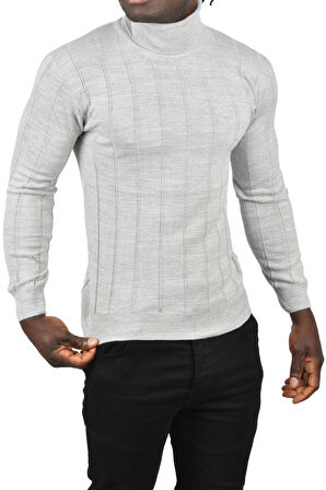 DeepSEA Erkek Gri Slim Fit Likralı Tam Balıkçı Yaka Çizgili Boğazlı Kazak 2505504