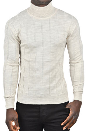 DeepSEA Erkek Bej Slim Fit Likralı Tam Balıkçı Yaka Çizgili Boğazlı Kazak 2505504