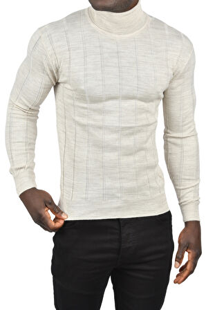 DeepSEA Erkek Bej Slim Fit Likralı Tam Balıkçı Yaka Çizgili Boğazlı Kazak 2505504