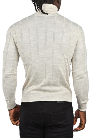 DeepSEA Erkek Bej Slim Fit Likralı Tam Balıkçı Yaka Çizgili Boğazlı Kazak 2505504