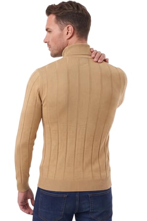 DeepSEA Erkek Camel Slim Fit Likralı Tam Balıkçı Yaka Çizgili Boğazlı Kazak 2505504