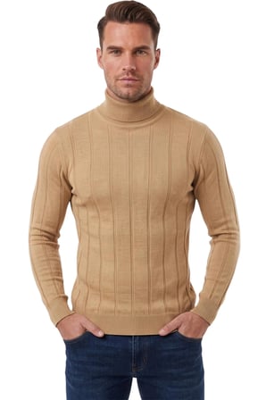 DeepSEA Erkek Camel Slim Fit Likralı Tam Balıkçı Yaka Çizgili Boğazlı Kazak 2505504