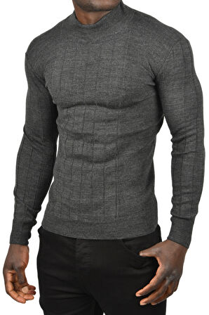 DeepSEA Erkek Füme Yarım Balıkçı Yaka Çizgili Tüylenmeyen Slim Fit Triko Kazak 2505491