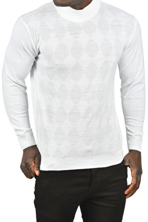 DeepSEA Erkek Beyaz Dar Kesim Baklava Desenli Yarım Boğazlı Yaka Triko Yarım Balıkçı Yaka Kazak 2505506