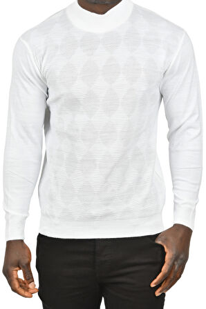 DeepSEA Erkek Beyaz Dar Kesim Baklava Desenli Yarım Boğazlı Yaka Triko Yarım Balıkçı Yaka Kazak 2505506