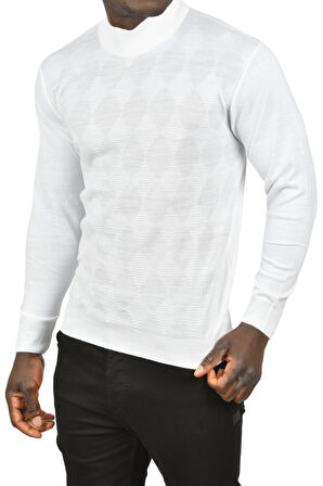 DeepSEA Erkek Beyaz Dar Kesim Baklava Desenli Yarım Boğazlı Yaka Triko Yarım Balıkçı Yaka Kazak 2505506