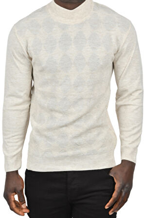 DeepSEA Erkek Bej Dar Kesim Baklava Desenli Yarım Boğazlı Yaka Triko Yarım Balıkçı Yaka Kazak 2505506