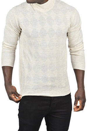 DeepSEA Erkek Bej Dar Kesim Baklava Desenli Yarım Boğazlı Yaka Triko Yarım Balıkçı Yaka Kazak 2505506