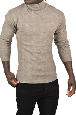 DeepSEA Erkek Vizon Slim Fit Baklava Desenli Tam Balıkçı Yaka Boğazlı Triko Balıkçı Yaka Kazak 2505507