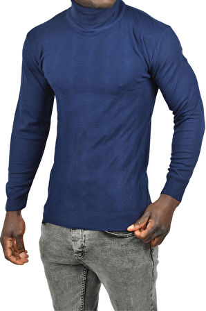 DeepSEA Erkek Lacivert Slim Fit Baklava Desenli Tam Balıkçı Yaka Boğazlı Triko Balıkçı Yaka Kazak 2505507