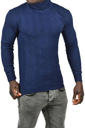 DeepSEA Erkek Lacivert Slim Fit Baklava Desenli Tam Balıkçı Yaka Boğazlı Triko Balıkçı Yaka Kazak 2505507