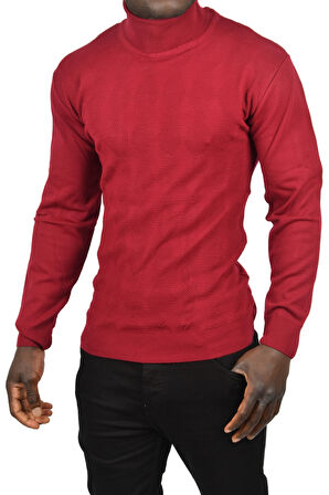 DeepSEA Erkek Bordo Slim Fit Baklava Desenli Tam Balıkçı Yaka Boğazlı Triko Balıkçı Yaka Kazak 2505507