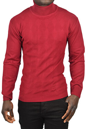DeepSEA Erkek Bordo Slim Fit Baklava Desenli Tam Balıkçı Yaka Boğazlı Triko Balıkçı Yaka Kazak 2505507