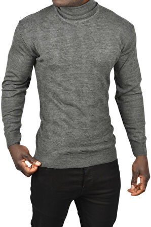 DeepSEA Erkek Antrasit Slim Fit Baklava Desenli Tam Balıkçı Yaka Boğazlı Triko Balıkçı Yaka Kazak 2505507