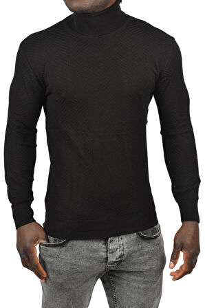 DeepSEA Erkek Siyah Desenli Dar Kesim Tam Balıkçı Yaka Triko Boğazlı Kazak 2505510