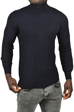 DeepSEA Erkek Lacivert Desenli Dar Kesim Tam Balıkçı Yaka Triko Boğazlı Kazak 2505510