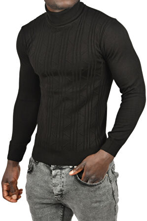 DeepSEA Erkek Siyah Çizgi Desenli Slim Kesim Tam Balıkçı Yaka Triko Boğazlı Kazak 2505509