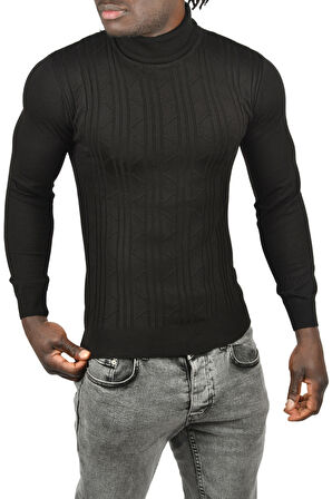 DeepSEA Erkek Siyah Çizgi Desenli Slim Kesim Tam Balıkçı Yaka Triko Boğazlı Kazak 2505509