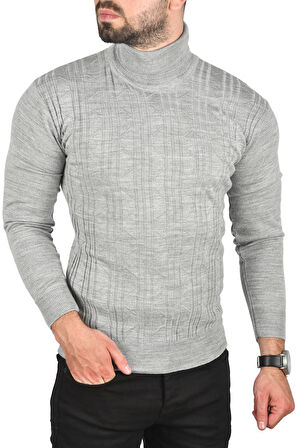 DeepSEA Erkek Gri Çizgi Desenli Slim Kesim Tam Balıkçı Yaka Triko Boğazlı Kazak 2505509