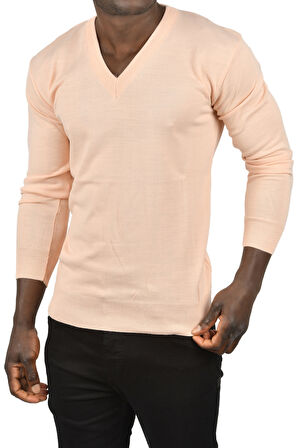 DeepSEA Erkek Pudra Slim Fit V Yaka Basic Triko İnce Kazak 2505494